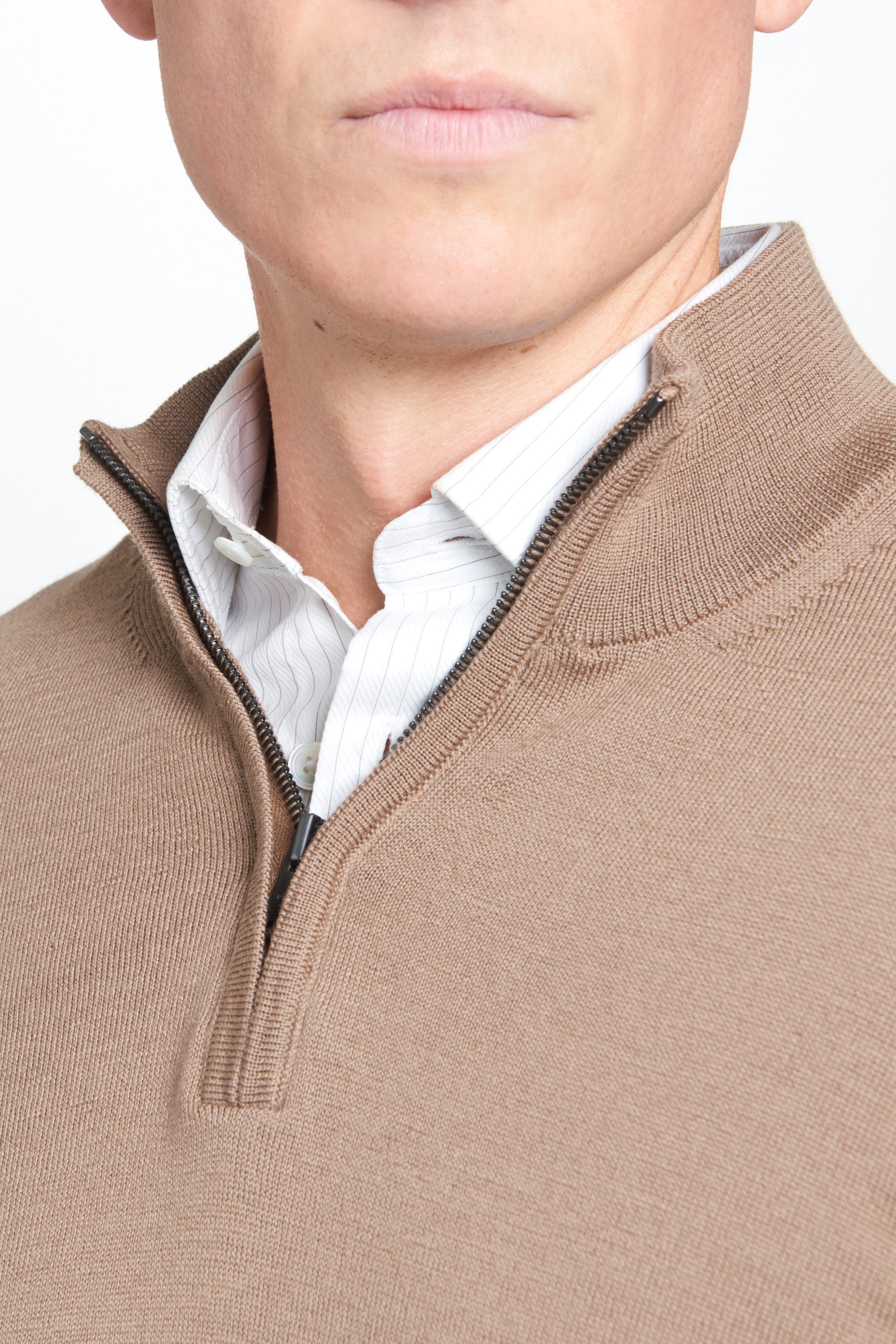 Camel Merino Wool Zip Neck Sweater