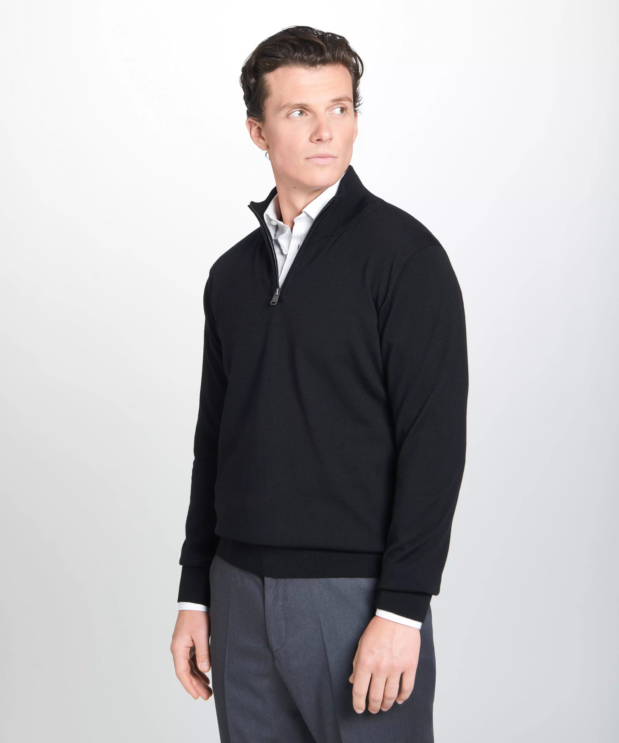 Black Merino Wool Zip Neck Sweater