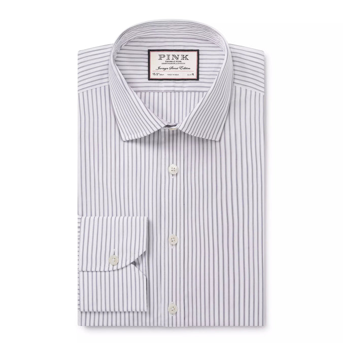Pale Grey & White Slim Fit Tram Stripe Formal Shirt