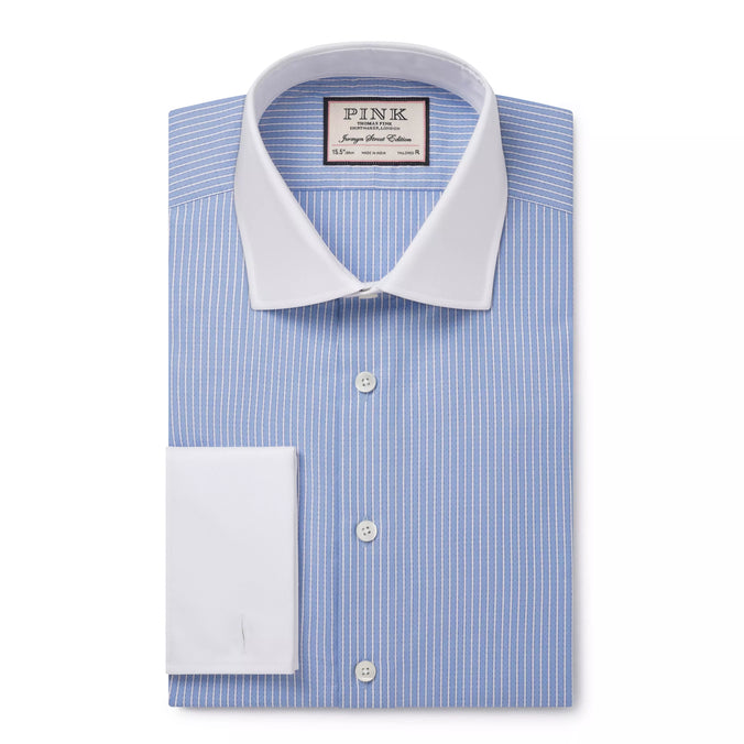 Pale Blue & White Tailored Fit Double Cuff Dandy Stripe Formal Shirt
