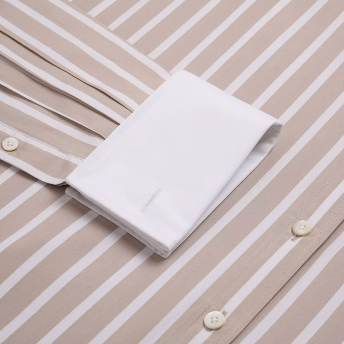 Beige & White Classic Fit Double Cuff Butcher Stripe Formal Shirt