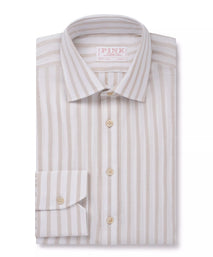 Beige & White Classic Fit Piquet Stripe Formal Shirt