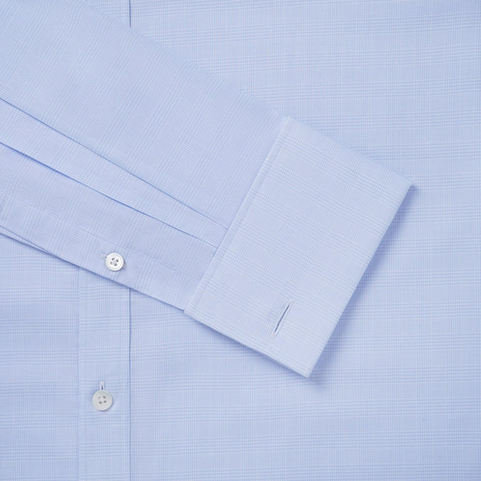 Pale Blue & White Classic Fit Double Cuff Prince of Wales Check Formal Shirt