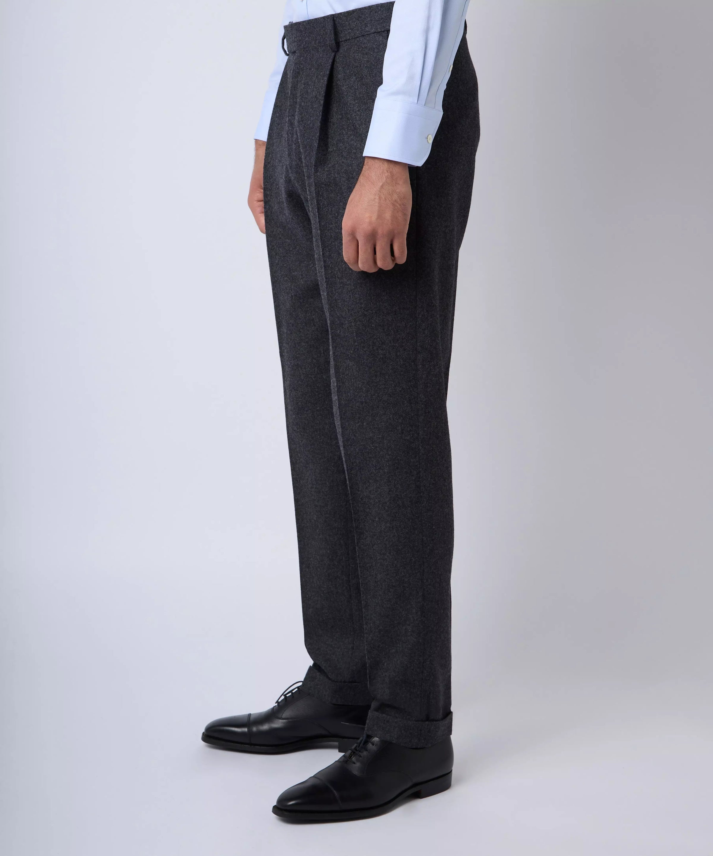 Charcoal Grey Tailored Fit Melange Merino Wool Pleated Trousers